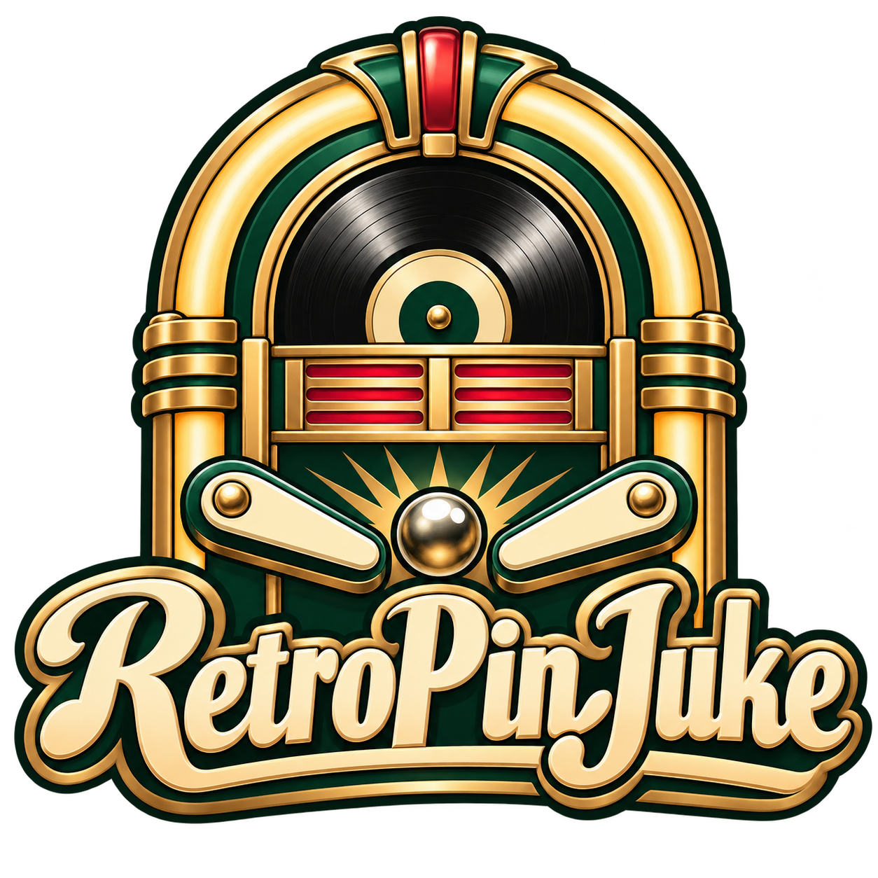 RetroPinJuke logo with a jukebox, vinyl record and pinball flippers.