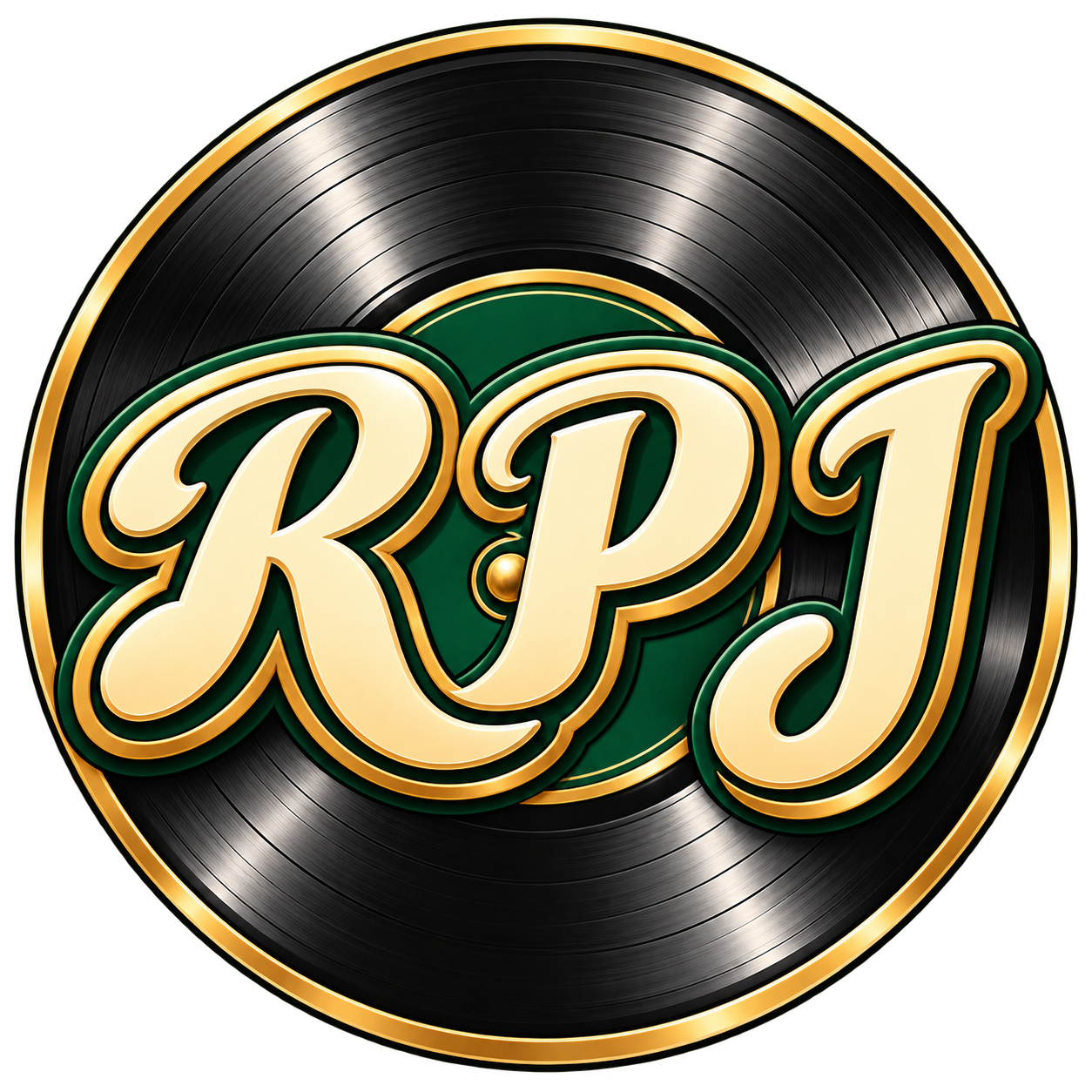 RPJ in cream and gold lettering across a black vinyl record.